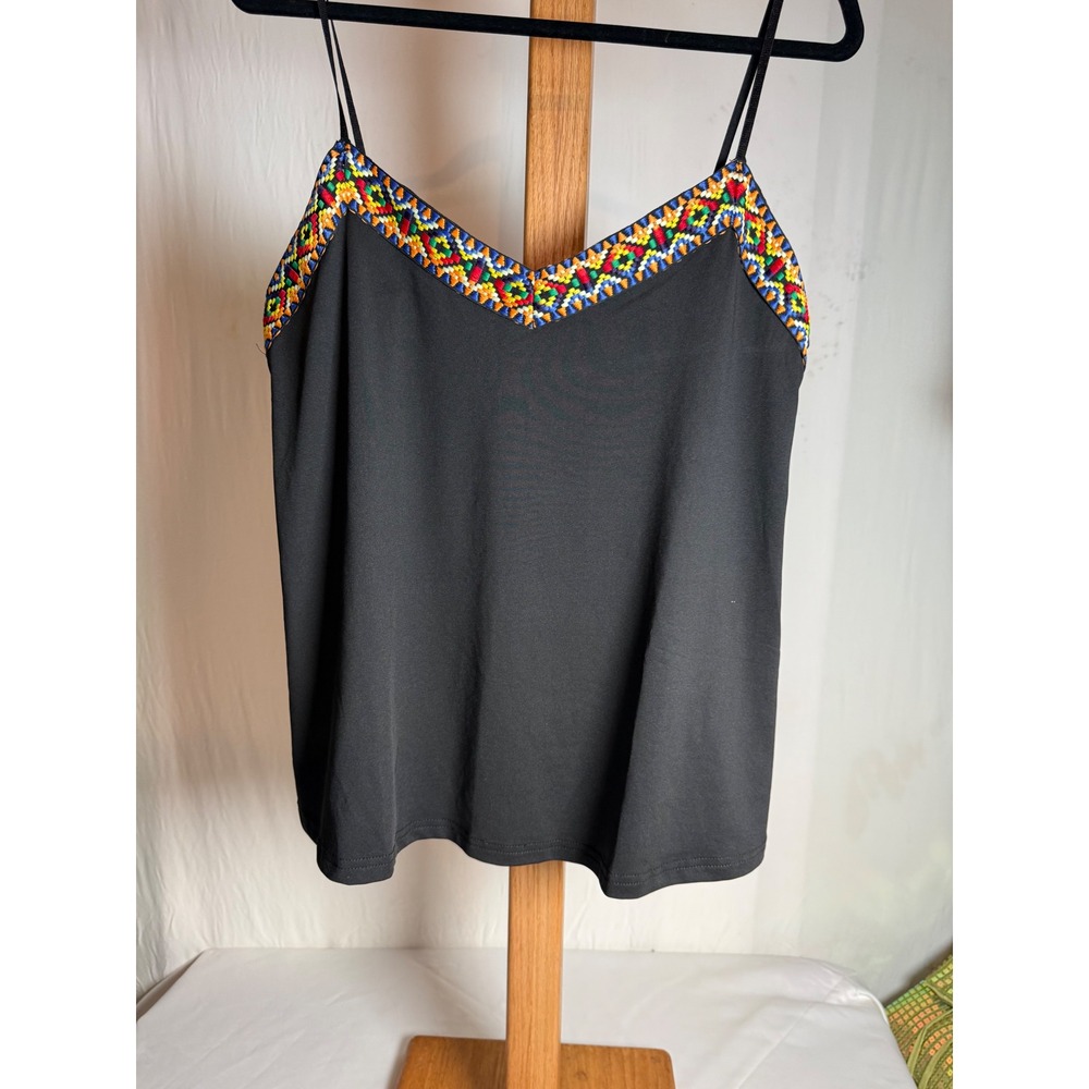 Shein Curve Women 1XL Black Cami Top Multi-Color Embroidered Trim‎ V-Neck Blouse